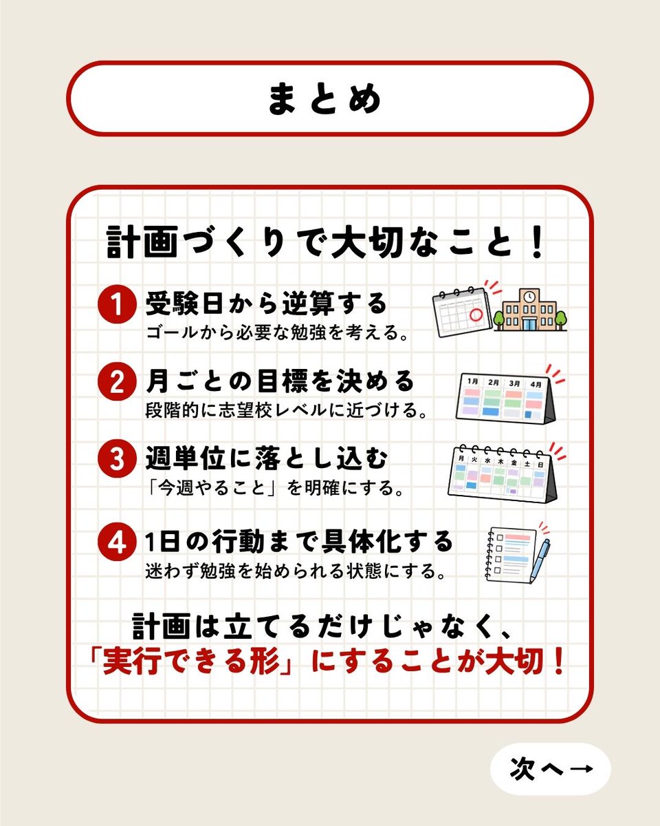 tkdshigamori's tweet photo. 勉強は「計画」で決まる。

受験日から逆算して、
月 → 週 → 1日まで具体化することで
「今日は何をやる？」で迷わなくなります。

受験勉強の計画の立て方をまとめました🔥
ぜひ参考にしてください！ https://t.co/q5bQjbvfAM