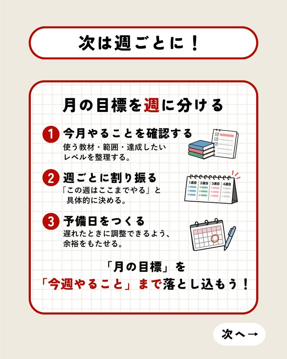 tkdshigamori's tweet photo. 勉強は「計画」で決まる。

受験日から逆算して、
月 → 週 → 1日まで具体化することで
「今日は何をやる？」で迷わなくなります。

受験勉強の計画の立て方をまとめました🔥
ぜひ参考にしてください！ https://t.co/q5bQjbvfAM