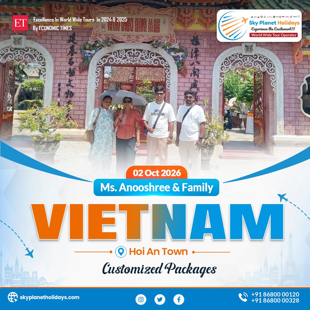 sky_holi's tweet photo. A beautiful Vietnam journey for Ms. Anooshree &amp; Family 💙
From the charming streets of Hoi An Town to unforgettable family moments — every trip is a story worth sharing! ❤️
📍 Hoi An, Vietnam

#TeraVeHisseMağdurları #Tialla https://t.co/MJK6RWVSjS