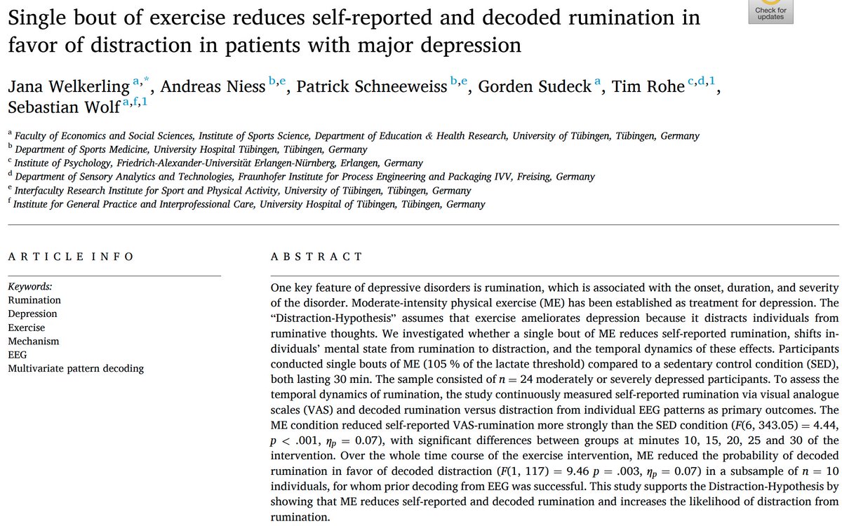 BrandonLuuMD's tweet photo. If you’re stuck in your own head, exercise may be one of the fastest ways out.

In people with depression, moderate exercise started reducing rumination within just 10 minutes.

EEG patterns also shifted from rumination toward distraction. https://t.co/w4zwdrgu82