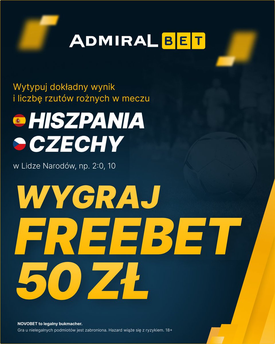 AdmiralBetPL's tweet photo. ⚽️ KONKURS 🇪🇸🇨🇿

-> Zaobserwuj @Admiralbetpl ✅
-> Zostaw serduszko pod postem i podaj dalej ❤️
-> Wytypuj dokładny wynik i liczbę rzutów rożnych w całym meczu HISZPANIA - CZECHY, np. 2:0, 10

➡️ Jeden użytkownik może oddać jeden typ.
➡️ Czas na oddanie typu do 20:45.
➡️ Freebet 50 PLN dla pierwszych trzech osób, które poprawnie wytypują!

Regulamin: https://t.co/yuqGnm0qmz
