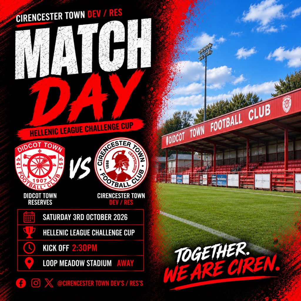 cirentowndevs's tweet photo. We travel to Didcot today in the Hellenic challenge cup! 🏆 🔴⚫️ wishing our first team all the very best down in Truro in the FA cup!! come on you Centurions! #togetherweareciren 👊 https://t.co/nkDdH2awQo