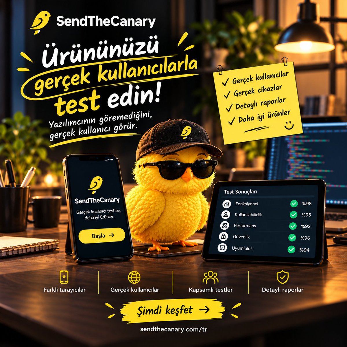 sendthecanarys's tweet photo. “Bende çalışıyor.” 😎
Peki kullanıcıda?
🐤 SendTheCanary ile ürününüzü gerçek kullanıcılar ve gerçek cihazlarla test edin. Sorunları kullanıcılarınızdan önce bulun, daha iyi ürünler yayınlayın.
🌐 https://t.co/SKBNoyfeC1
#SendTheCanary #SoftwareTesting #UserTesting #QA #Yazılım https://t.co/Yolo5MZgJS