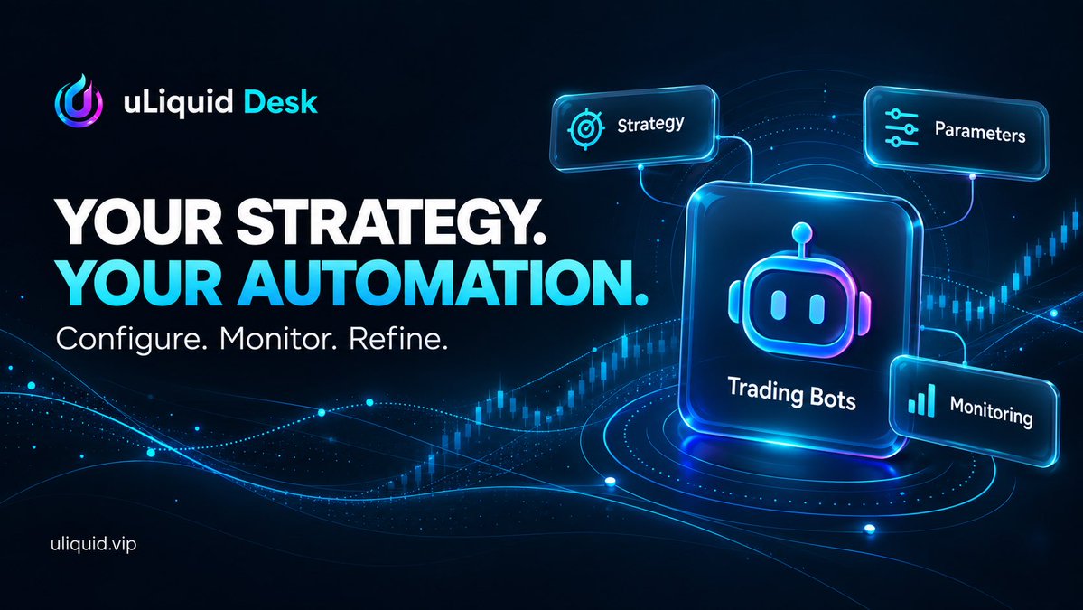 uLiquid_desk's tweet photo. A trading bot starts with the decisions you make: which strategy to use, how to configure it, and when to review its behaviour.

uLiquid Desk brings trading bots into the same workspace as your trading desk, positions and market analysis. That gives automation a place within your broader trading routine.

Configure your approach. Monitor what happens. Refine it as you learn.

What matters most to you when choosing a trading bot?

Explore uLiquid Desk:
https://t.co/VYhj2nCOVu

#uLiquid #TradingBots #CryptoTrading