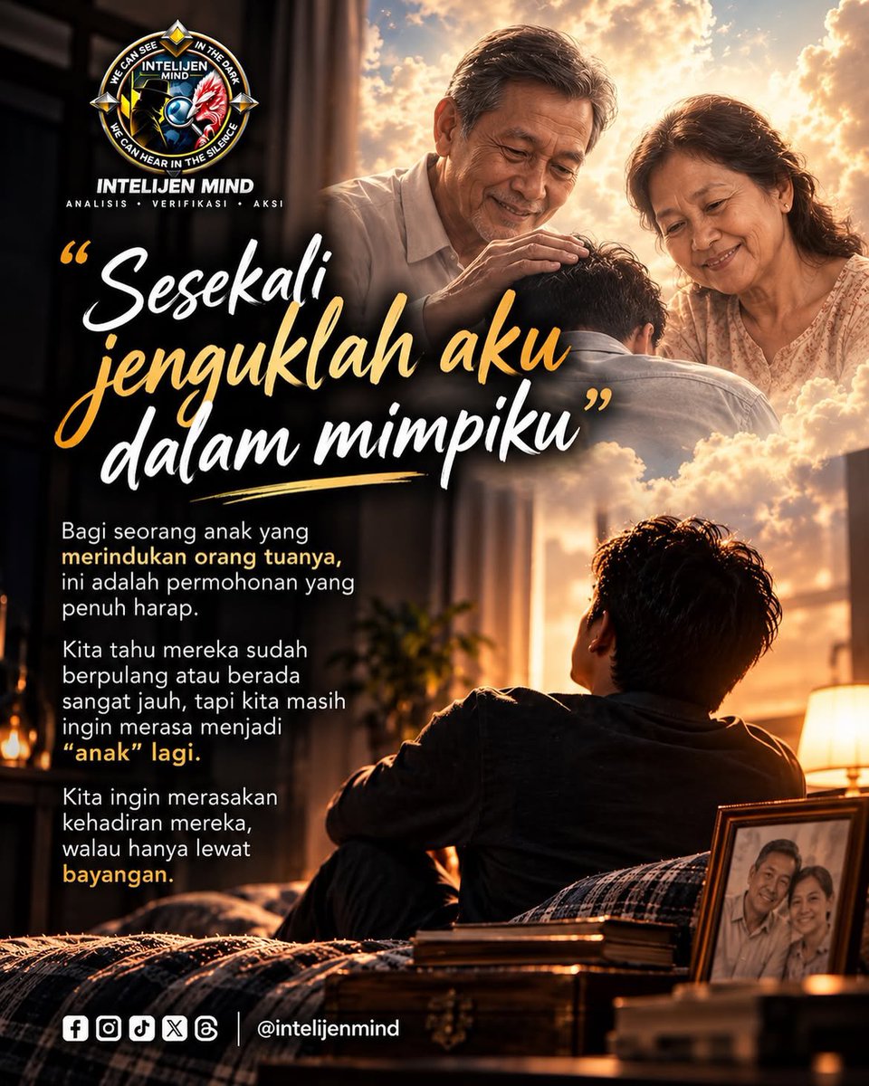 Intelijen_Mind's tweet photo. “Sesekali jenguklah aku dalam mimpiku…” Ada rindu yang tidak pernah benar-benar selesai. Rindu kepada sosok yang dulu selalu ada, tempat kita pulang, tempat kita merasa aman, dan tempat kita masih bisa menjadi seorang anak. #intelijenmind https://t.co/z0kTPdGUDs
