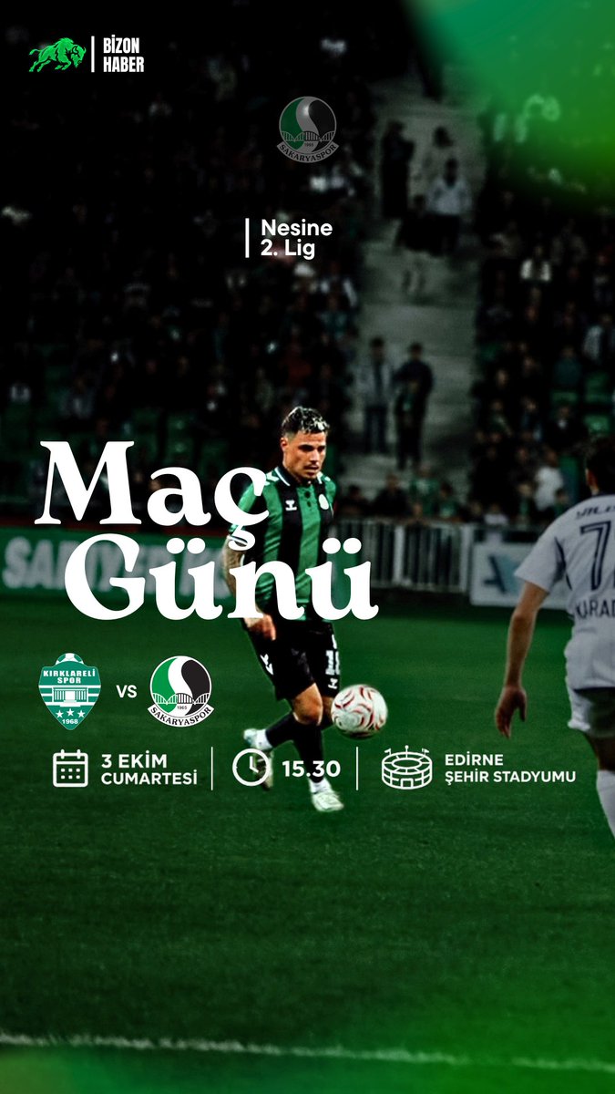 BizonHaber's tweet photo. ⚔️ BUGÜN GÜNLERDEN SAKARYASPOR!
  
Lider Sakaryaspor'umuz, 5'te 5 hedefiyle Kırklarelispor deplasmanına çıkıyor!
  
🗓️ 3 Ekim Cumartesi
⏰ 15.30
🏟️ Edirne Şehir Stadyumu
🆚 Kırklarelispor - Sakaryaspor
  
💬 Sizce bu zorlu deplasmandan kaç farklı galibiyetle döneriz? Skor tahminlerinizi yoruma yazın! 👇

💚🖤 #Sakaryaspor #BizonHaber #Nesine2Lig #Tatangalar