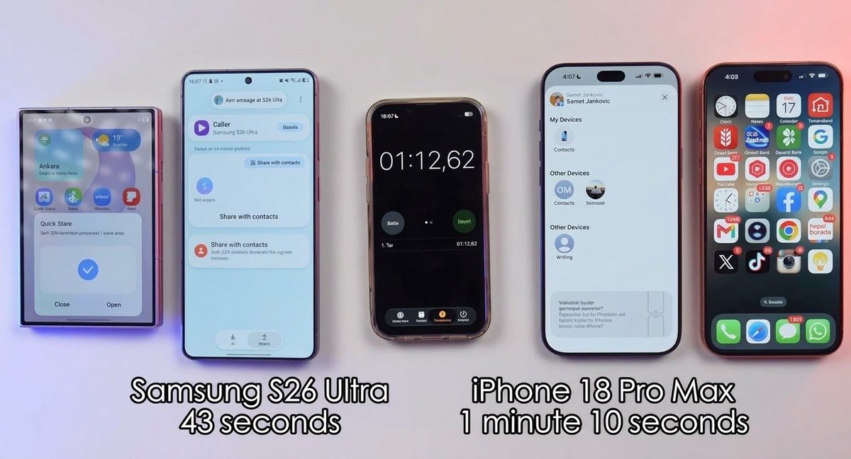 Androiq's tweet photo. Just compared Quick Share on the Samsung S26 Ultra (43 secs) with 
AirDrop on the iPhone 18 Pro Max (1 min 10 secs). ⏱️ 

When time is this precious, I really don't understand why people still overhype AirDrop. 
The speed difference is huge! 🤷‍♂️🚀

#QuickShare #AirDrop #TechComparison #Samsung #Apple