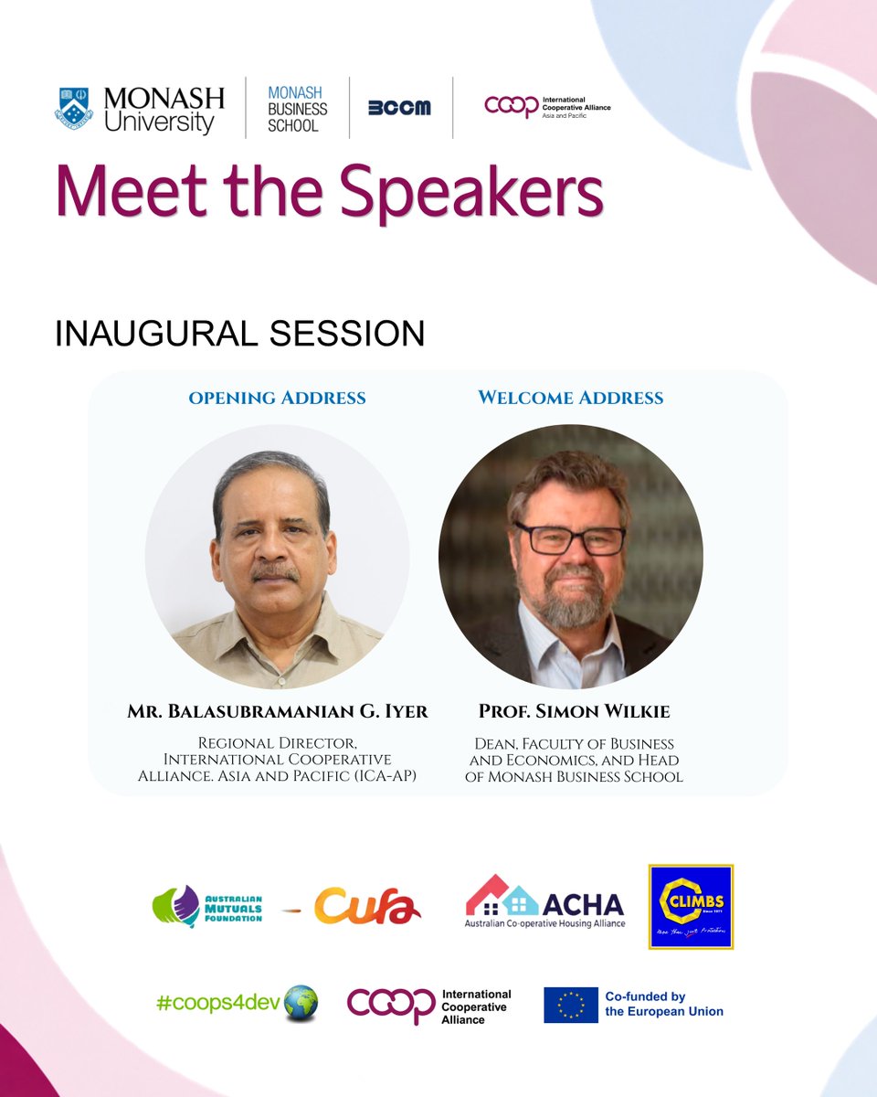 ICAAPAC's tweet photo. The 20th ICA-AP Research Conference opens in Melbourne on 6 Oct! 

Prof. Simon Wilkie, Dean, Faculty of Business &amp; Economics, Monash University, and ICA-AP Regional Director Balu Iyer will welcome participants. 

#ICAAP2026 #Cooperatives #Research #Mutuals https://t.co/56e36ZbM6u