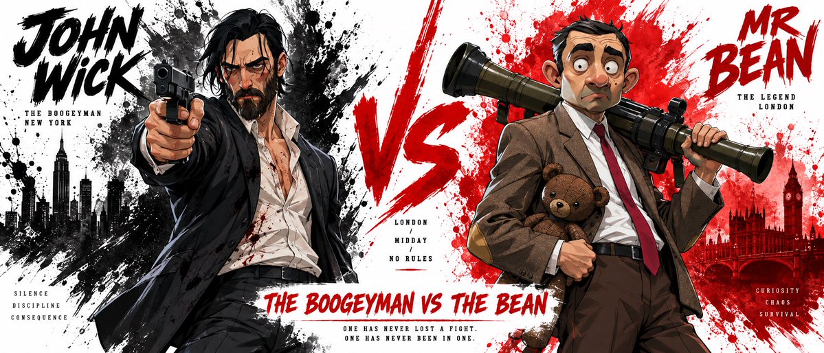 TechieBySA's tweet photo. Character sheet prompt:

"Create a premium cinematic character bible sheet for JOHN WICK & MR BEAN. Use uploaded character sheets as strict visual reference for both characters. Do not change either's appearance.
LAYOUT: Split screen VS format. Two halves divided by a bold dramatic dividing element in the center.
LEFT SIDE — JOHN WICK: Bold dramatic deep black watercolor splash radiating behind him filling the entire left side. Large bold brushstroke text JOHN WICK top left in deep black. Below small text: THE BOOGEYMAN / NEW YORK. One massive dramatic cropped hero image of Wick from mid-thigh up — black suit, white shirt open at collar, pistol raised and aimed forward, cold focused expression.
CENTER: Bold dramatic VS in bright red. Below it small text: LONDON / MIDDAY / NO RULES.
RIGHT SIDE — MR BEAN: Bold dramatic bright red watercolor splash radiating behind him filling the entire right side. Large bold brushstroke text MR BEAN top right in bright red. Below small text: THE LEGEND / LONDON. One massive dramatic cropped hero image of Bean from mid-thigh up — brown tweed jacket, bright red tie, teddy bear tucked under one arm, bazooka resting on his shoulder, completely calm and unbothered expression.
BOTTOM CENTER: Bold text THE BOOGEYMAN VS THE BEAN in bright red. Tagline: ONE HAS NEVER LOST A FIGHT. ONE HAS NEVER BEEN IN ONE.
OVERALL: Clean white background, bold dramatic deep black watercolor explosion left side, bold dramatic bright red watercolor explosion right side, dramatic red center divider, bold flat color blocking, chunky simplified forms, hard edge shadows, thick black outlines, cinematic cel-shaded 3D anime, hand-painted textures, not cartoon not Disney not Pixar, print ready."