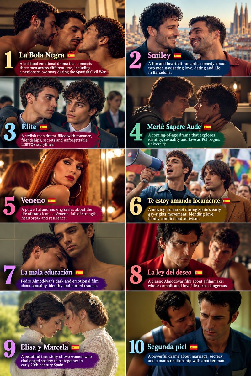 Francoballer1's tweet photo. 10 Spanish Gay & Queer Movies/Series You NEED to Watch in 2027 .

Some of these are going to break your heart.

1)La Bola Negra (2026) 🎬
A bold Spanish drama connecting three men across different eras, including a gay relationship during the Spanish Civil War. 

2)Smiley (2022) 
A Barcelona-set romantic comedy about two men whose complicated dating lives eventually collide. Netflix currently categorizes it among its Spanish-language 

3)Élite (2018–2024) 
The Spanish teen drama became known for its LGBTQ+ relationships, especially the stories involving Ander, Omar, Patrick and other characters.

4)Merlí: Sapere Aude (2019–2021) 
A coming-of-age drama following Pol as he enters university, with romance, sexuality, friendship and identity playing major roles. 

5)Veneno (2020) 
One of Spain's most celebrated LGBTQ+ series, telling the story of trans icon Cristina Ortiz, known as La Veneno. 

6)Te estoy amando locamente (2023) 
A Spanish LGBTQ+ drama set during the early years of the gay-rights movement in Spain, mixing family conflict, love and activism. 

7)La mala educación (2004) 
Pedro Almodóvar's dark drama about sexuality, Catholic education, identity and buried trauma.

8)La ley del deseo (1987) 
One of Almodóvar's landmark queer films, centered around a filmmaker whose complicated romantic life becomes increasingly dangerous 

9)Elisa y Marcela (2019) 
Based on the true story of two women in early-20th-century Spain who challenged social and religious expectations to be together. 

10)Segunda piel (1999) 
A Spanish romantic drama exploring marriage, secrecy and a man's relationship with another man.