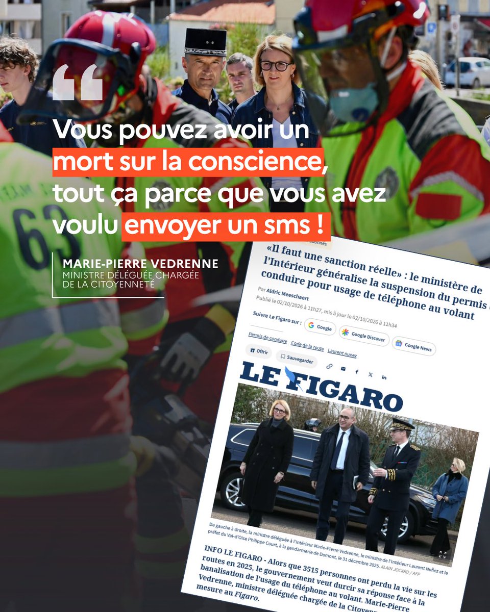 MariePierreV's tweet photo. 📵 Téléphone au volant : nous renforçons la réponse pour protéger les vies sur nos routes.

Avec @NunezLaurent, nous généralisons sur l’ensemble du territoire la possibilité de prononcer une suspension administrative du permis de conduire pour le seul usage du téléphone au volant, dans le cadre prévu par le Code de la route.

Pourquoi agir ? Parce que le téléphone au volant s’est installé dans nos habitudes alors qu’il reste l’un des comportements les plus dangereux sur la route.

📱 80 % des usagers reconnaissent utiliser leur téléphone au volant.
⚠️ Son usage multiplie par trois le risque d’accident.
🚗 Et alors que la mortalité routière ne recule plus suffisamment, nous devons nous attaquer aux comportements qui mettent directement en danger les autres.

Cette mesure repose sur une conviction simple : prendre le volant, c’est accepter une responsabilité envers les autres. Un conducteur qui consulte son téléphone ne met pas seulement sa propre vie en danger : il peut, en une seconde, bouleverser celle d’une famille entière.

La réponse doit être ferme, lisible et proportionnée. Il ne s’agit pas de sanctionner pour sanctionner. Il s’agit de faire comprendre que certains comportements ne peuvent plus être considérés comme anodins et de faire évoluer durablement les pratiques.

Sur la route, quelques secondes d’inattention peuvent coûter une vie. Aucun SMS, aucun appel, aucune notification ne les vaut.

Protéger les Français sur les routes, c’est aussi cela : faire respecter des règles qui sauvent des vies.