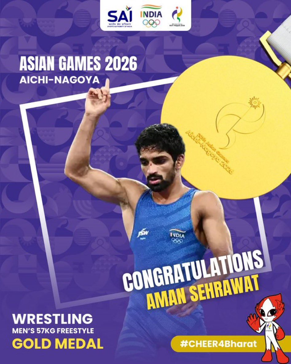 nitin_gadkari's tweet photo. Heartiest congratulations to Aman Sehrawat on clinching Gold 🥇 in the Men’s 57kg Freestyle Wrestling at the #AsianGames2026. 🤼

From a Bronze at Hangzhou to Olympic Bronze in Paris and now the continental crown, his rise is a testament to relentless effort and ambition. May his journey inspire India’s young wrestlers to dream bigger and aim higher. 🇮🇳

#Cheer4Bharat