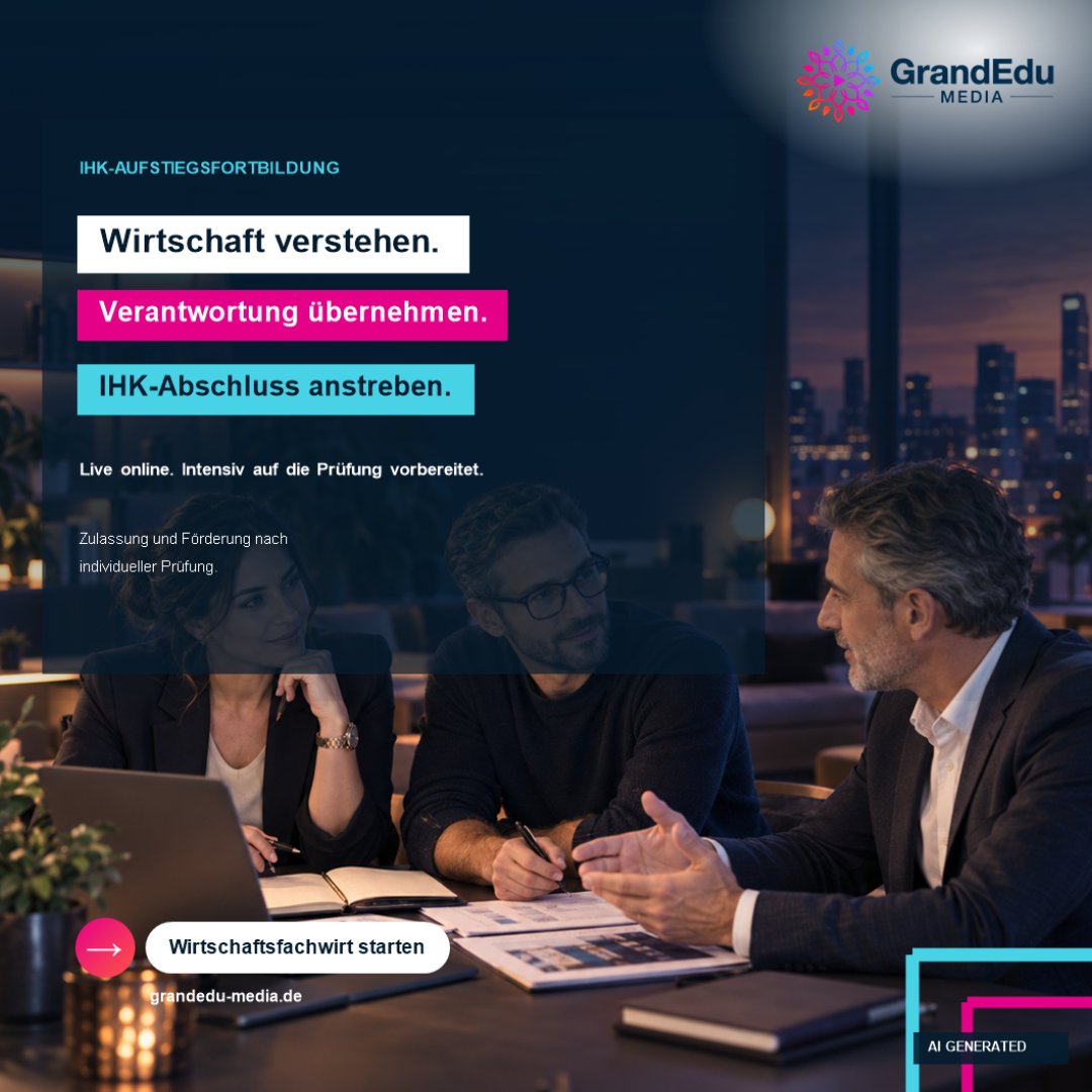 GrandEduMedia's tweet photo. Werbung: Wirtschaftliche Zusammenhänge verstehen und Verantwortung übernehmen: Der Wirtschaftsfachwirt bereitet live online auf die IHK-Prüfung vor. Zulassung und Förderung werden individuell geprüft. https://t.co/Y4onMrwVXi https://t.co/LuVmJYFbUj