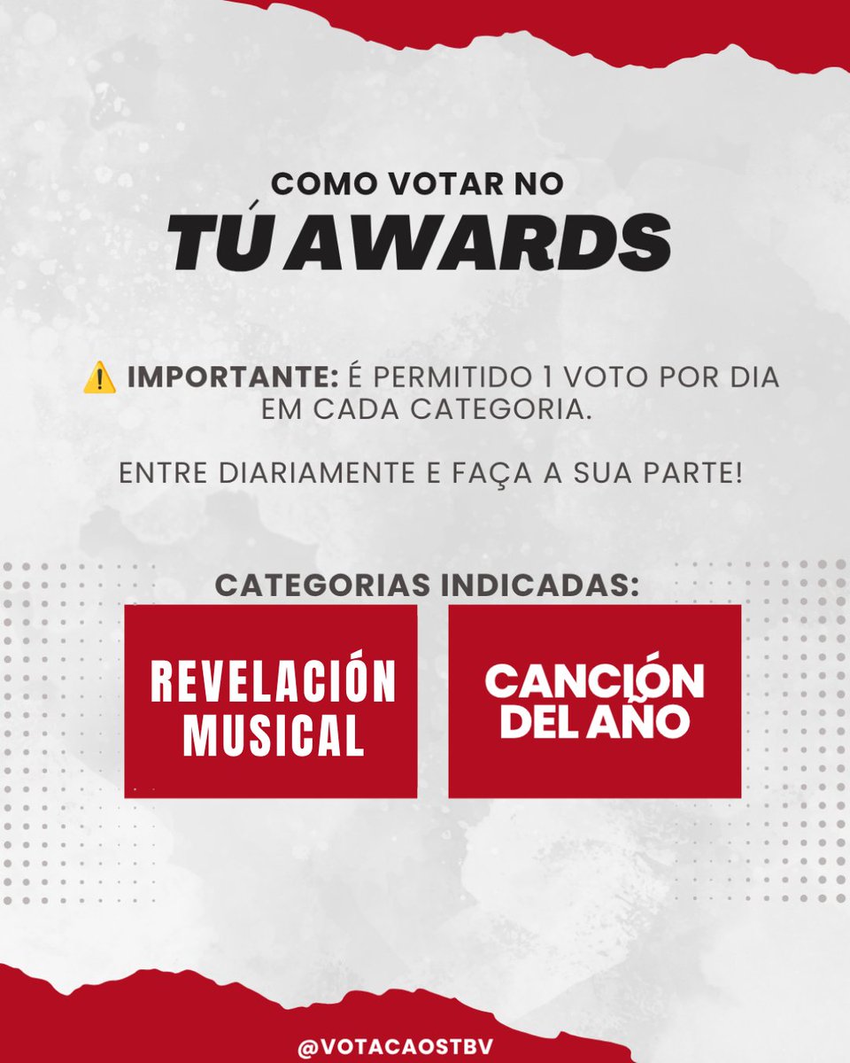 votacaostbv's tweet photo. 🚨 VOTO DIÁRIO: TÚ AWARDS!

Entrem no site e votem 1x hoje nas 2 categorias:

✨ Revelación musical del año: https://t.co/N67LhFHcRx
✨ Canción del año: https://t.co/JAjjEiXqFD

📸 Vote e mande o PRINT aqui nos comentários pra confirmar o check-in do dia https://t.co/SN2Oyfue3g