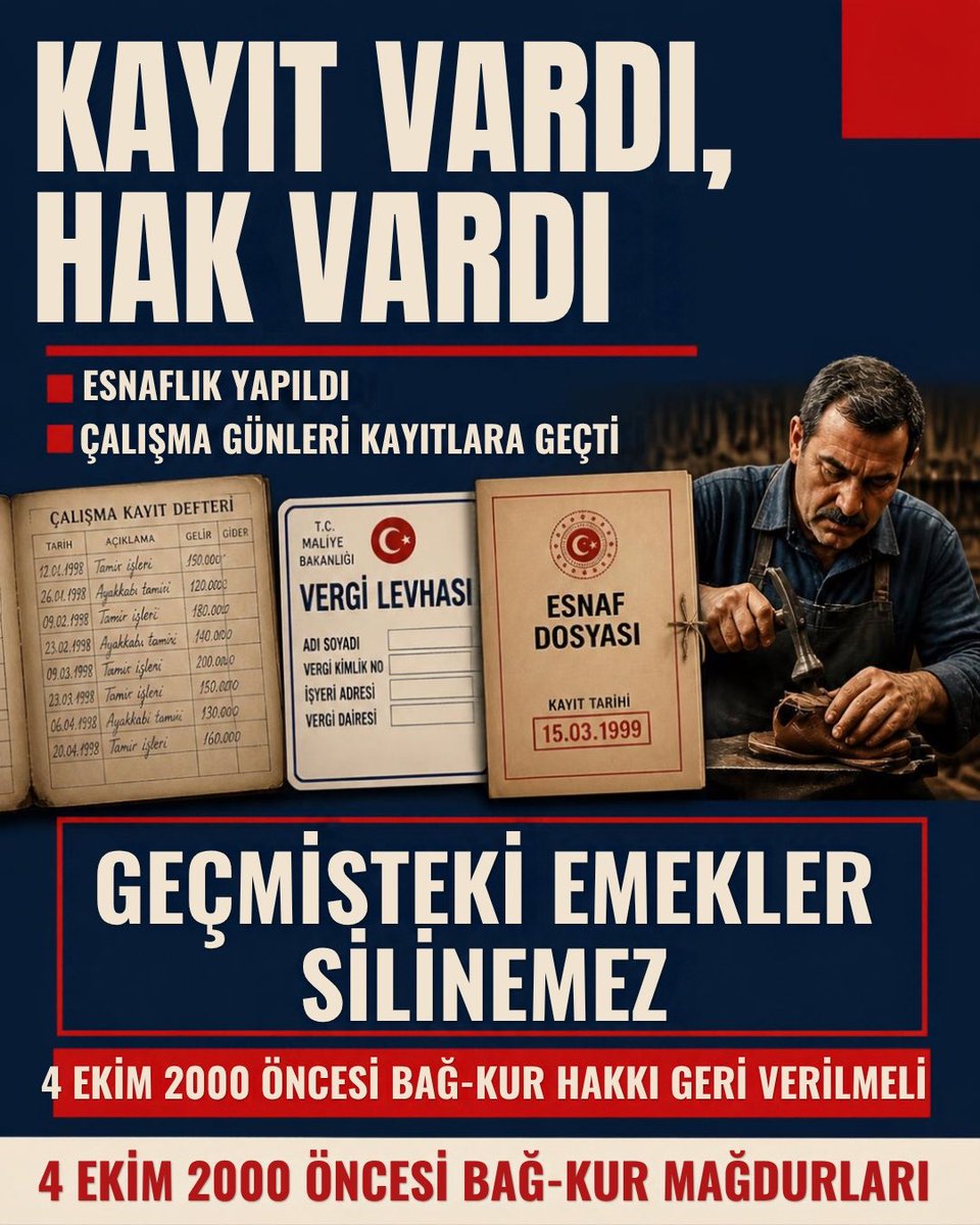 Sesim60's tweet photo. 👂 𝐄𝐬𝐧𝐚𝐟𝐚 𝐤𝐮𝐥𝐚𝐤 𝐯𝐞𝐫𝐢𝐧!
Esnafın yıllarca verdiği emek, sosyal güvenlik hakkıyla karşılık bulmalıdır. #BağKurTESCİLMağdurları #4Ekim2000ÖncesiTESCİL #TESCİLİVerGönlümüzüAl

@EmelGozukara_D @eminsimsekmus https://t.co/U2mG0Vjdsh