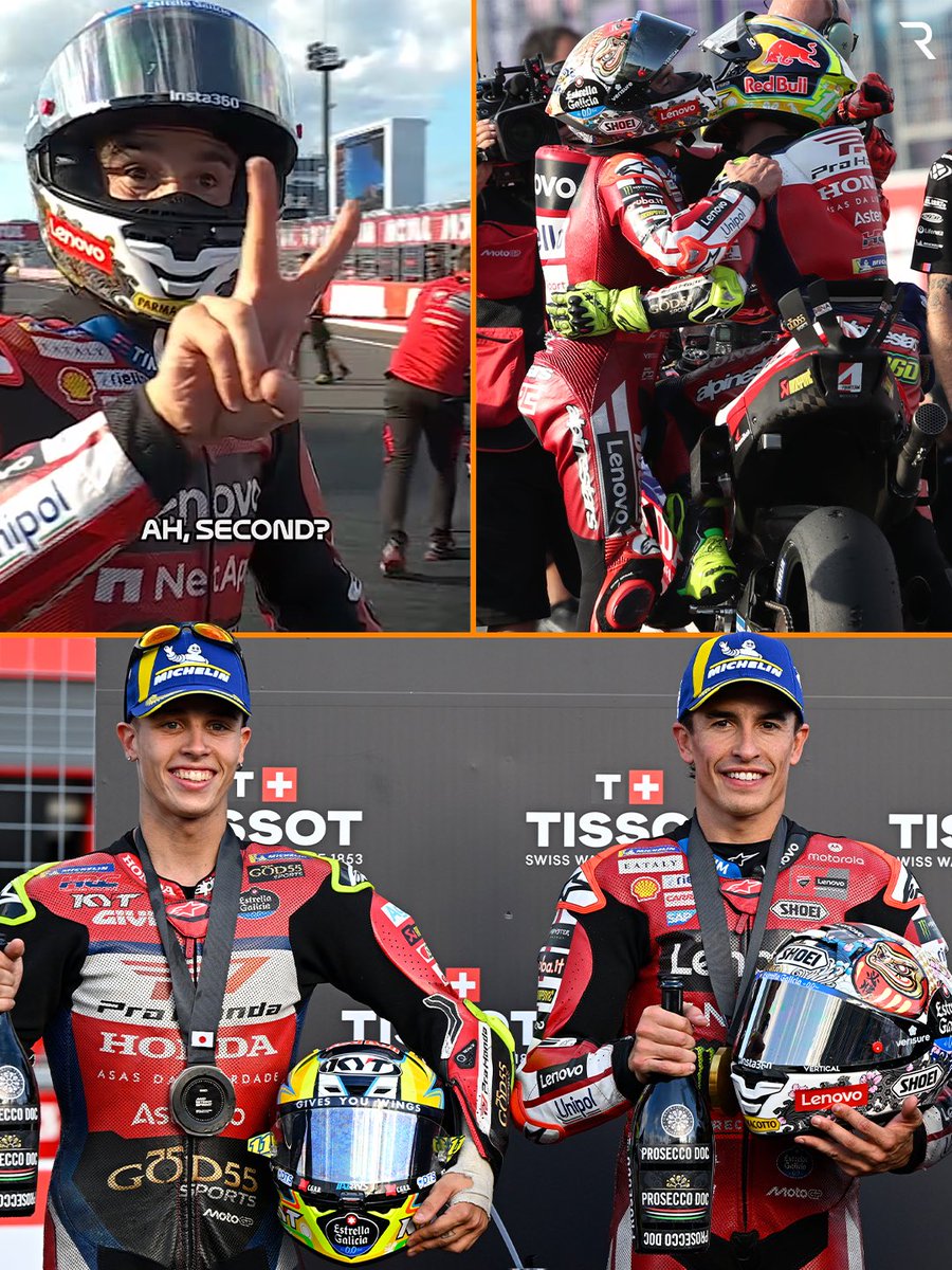 TheRaceMoto's tweet photo. Marc Marquez was so happy to see Diogo Moreira on the Sprint podium 🫶 https://t.co/p6czVwo9Lw