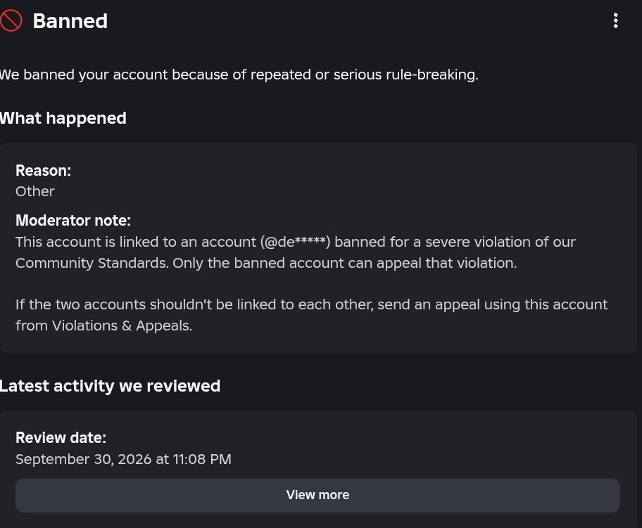 GCruffle5199's tweet photo. Got banned on Roblox for an "Alt Account" The account that was connected to my Account was my Friends who I allowed to borrow my Device so they could Play Roblox.

A while ago in August they got Banned and now I'm banned because roblox thinks my Account is an Alt of his. https://t.co/PlHHlDA3ib