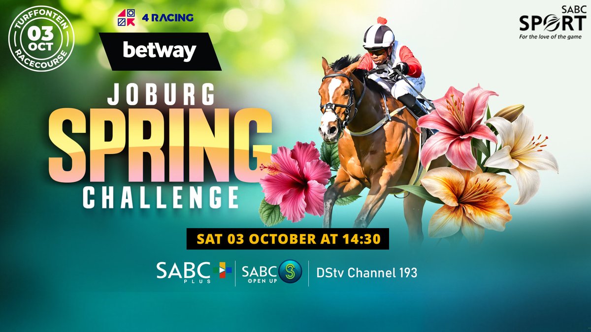 SABC_Sport's tweet photo. 🏇 JOBURG SPRING CHALLENGE! 🌸 | #SABCSport

Get ready for an afternoon of horse racing action as the Joburg Spring Challenge comes to Turffontein Racecourse! 🏇

📅 Saturday, 03 October
⏰ From 14:30

📺 SABC 3 
📱 Stream on https://t.co/mPFr5lSZOU 
📻 Listen on SABC Radio Stations
🌐 Latest news & updates — https://t.co/fRwl3bYKzb

#SABCSport #JoburgSpringChallenge #HorseRacing