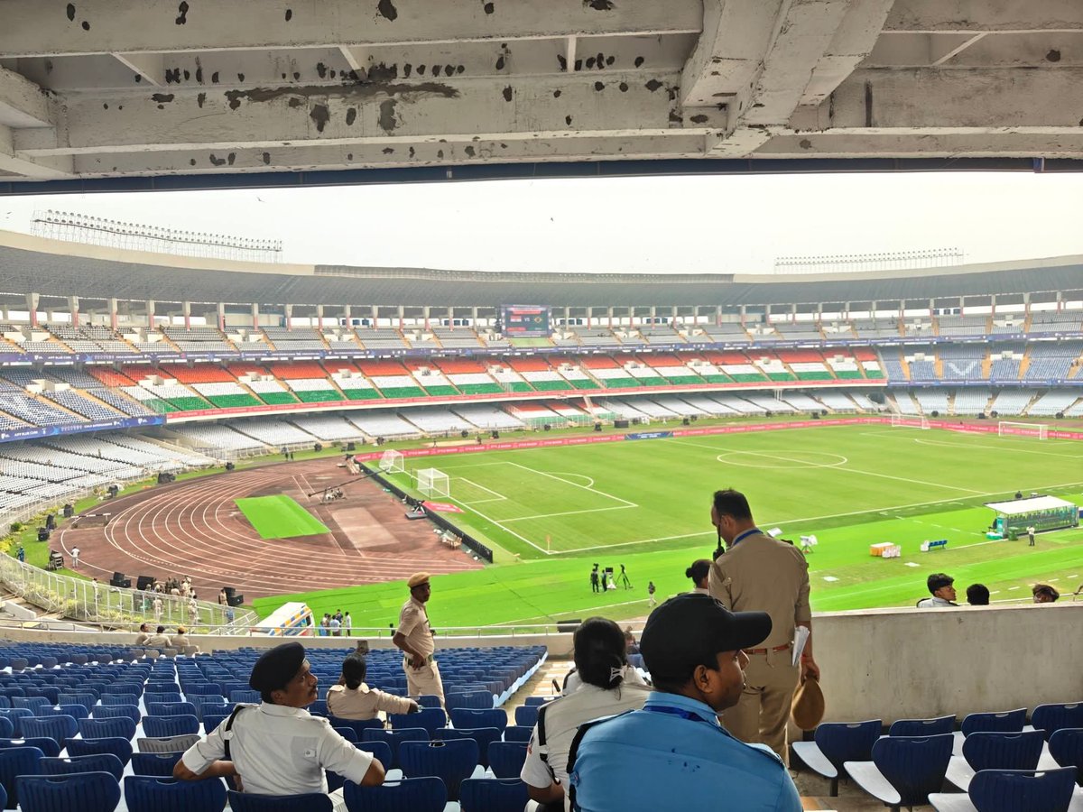 SudhanidhiB's tweet photo. Superb arrangments in place by @IndranilKhan for the India Brazil game. Don't fall for any Social Media hate posts, this are visuals from ground currently. Under the lights, this greens will look absolutely charming. https://t.co/4Drt6Ppixs