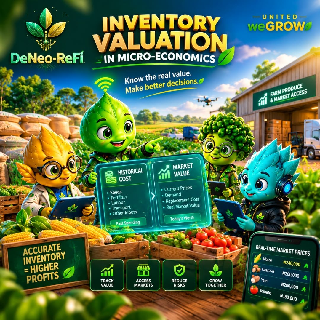 PJTalks101's tweet photo. Inventory Valuation in Micro-Economics

Inventory Valuation is the method used to determine the worth of goods a business holds.  
In agriculture, inventory includes harvested crops, stored produce, inputs still unused, and sometimes livestock or processed goods. How this inventory is valued affects profit calculation, decision-making, and the true picture of a farm’s performance.

Two important approaches are:

1. Historical Cost
This is the original cost paid to acquire or produce the inventory.  
In farming it includes the actual money spent on seeds, fertilizer, labour, transport, and other inputs that brought the crop into existence.  
It is clear and based on real past spending, but it does not always reflect what the inventory is worth today.

2. Market Value / Replacement Cost*  
This is what it would cost to replace the same inventory at current prices, or what the inventory can fetch in the present market.  
In agriculture it reflects today’s selling prices, current input costs, and real demand. It shows the true economic position more accurately than historical cost alone, especially when prices change quickly.

The challenge in normal agri-business:
Most small farmers have weak systems for tracking either value. They often know roughly what they spent (historical cost) but have little visibility of current market value. As a result, they may sell too cheaply, hold too long, or misjudge whether a season was truly profitable.

How DeNeo-ReFi, as a parent infrastructure system, improves Agro Inventory Valuation:

We do not leave farmers to guess the worth of what they hold. We build practical visibility and support around both historical and market realities:

Circular Income stabilises daily finances so farmers are not forced to dump inventory in panic. They can wait for better market value instead of selling only to recover historical cost.  

Reassurance + Farm-from-Home Intelligence creates regular records of farm activity. Weekly monitoring and data help establish clearer historical cost while also tracking the condition and readiness of the inventory.  

Field Agents ensure that even farmers without strong digital skills can participate in proper recording and market listing. Inventory information does not remain trapped in isolation.  

Digital Wholesale Marketplace supplies real-time market visibility. Farmers can see what buyers are currently paying  moving them from pure historical-cost thinking toward informed market-value decisions.  

DeNeo-Hire makes labour costs more traceable, improving the accuracy of historical cost on the production side.  

Farm Leads encourage organised group handling of produce. Shared storage and coordination reduce spoilage and help maintain inventory value.  

Processing facilities and owned/partnered farms open higher-value routes. Inventory can be valued not only as raw produce but as material for processed goods with better market prices.  

Care Foundation supports the human capacity needed for consistent record-keeping and better long-term decisions.

Practical example:
A farmer harvests maize.  
Historical cost shows he spent ₦180,000 to produce it.  
Without support, he may sell immediately at ₦190,000 just to recover his money.  
With DeNeo-ReFi, Circular Income reduces urgency, the Marketplace shows current demand at ₦240,000, and guidance helps him decide the better timing. The same inventory now yields a clearer and higher economic result.

By combining production records, market access, daily stability, and organised support, DeNeo-ReFi turns inventory valuation from guesswork into a practical tool for better micro-economic decisions in agriculture.

United weGrow bigger!

Follow, like, comment, retweet, and bookmark. If you want to learn more about us check out our main page @DENEO_FARM