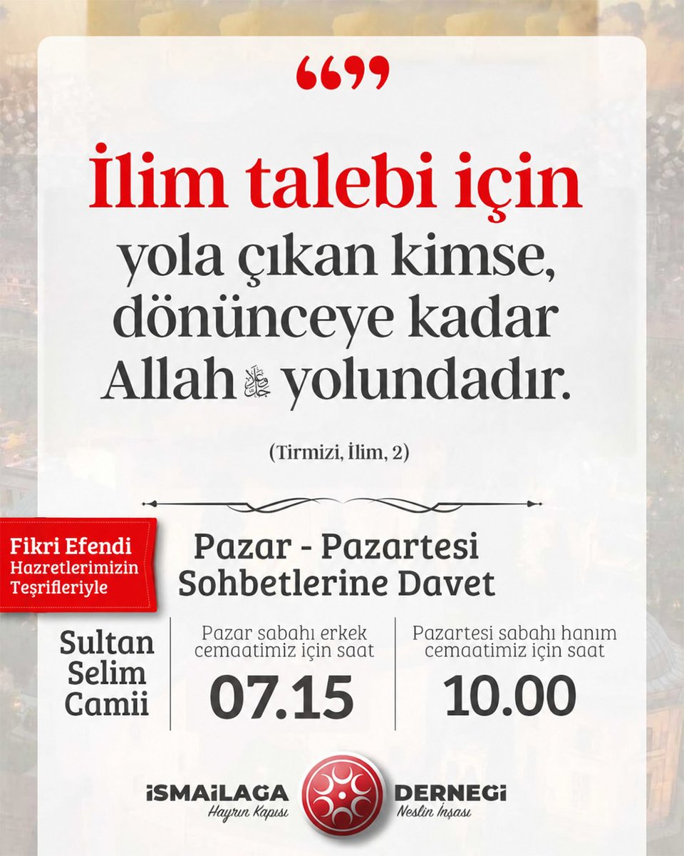 ismailaga_cami's tweet photo. Sohbete davet!

📍   Yavuz Sultan Selim Camii https://t.co/5I5OzaQOfg
