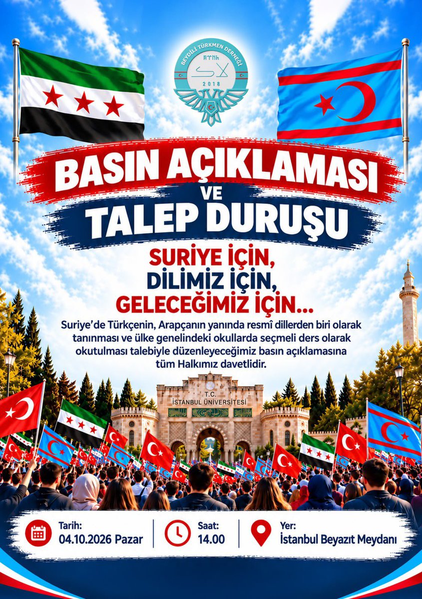 suriyeturkmnler's tweet photo. Suriye için, dilimiz için, geleceğimiz için!

Türkçenin Suriye’nin resmî dillerinden biri olarak tanınması ve ülke genelinde seçmeli ders olarak okutulması talebiyle İstanbul’da basın açıklaması düzenleniyor

Tüm halkımızı sesimize ses olmaya davet ediyoruz. https://t.co/c8VP4Z5S77