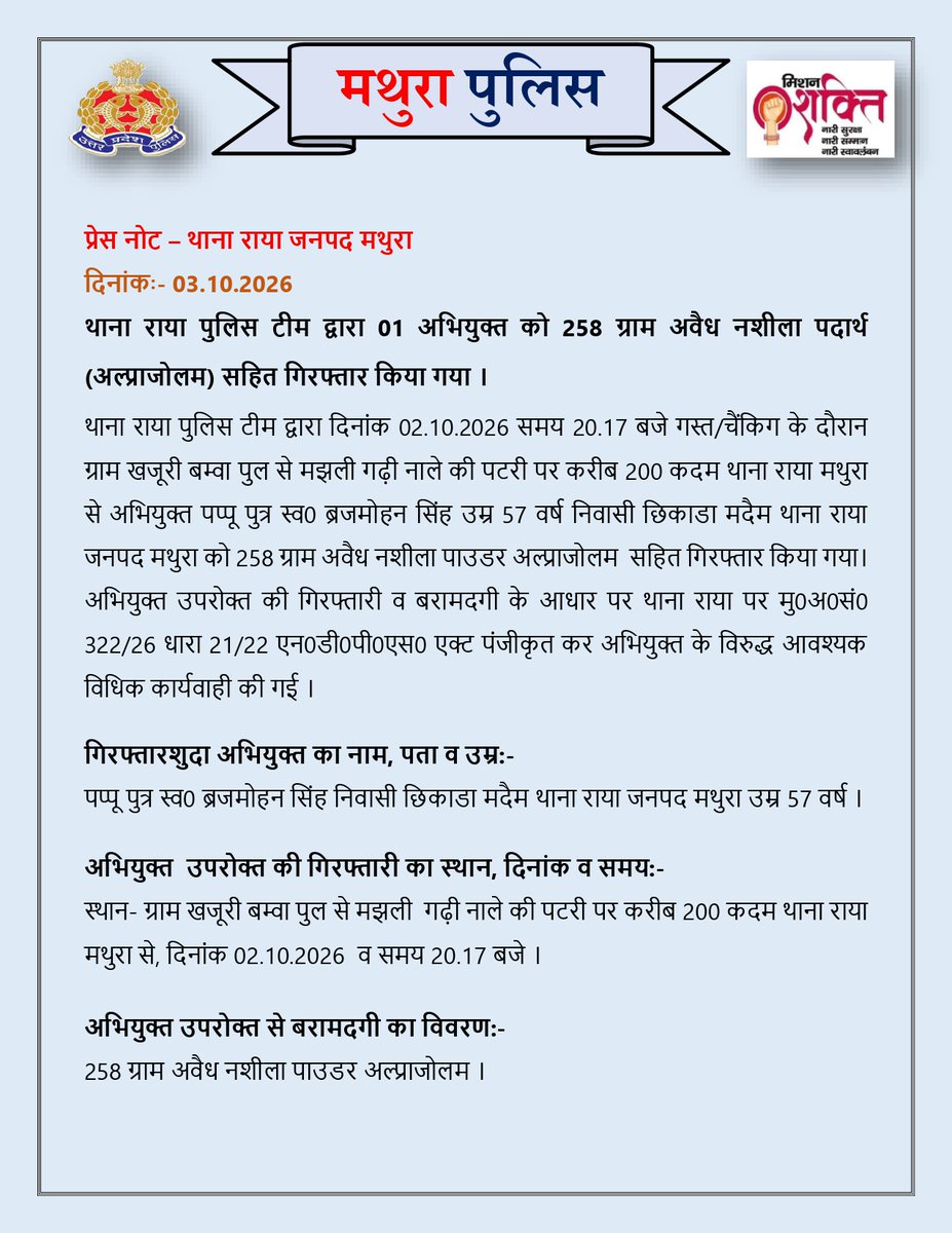 mathurapolice's tweet photo. थाना राया पुलिस टीम द्वारा 01 अभियुक्त को 258 ग्राम अवैध नशीला पदार्थ (अल्प्राजोलम) सहित गिरफ्तार किया गया । 

@Uppolice 
@digrangeagra 
@adgzoneagra https://t.co/P2IHwUG8UV
