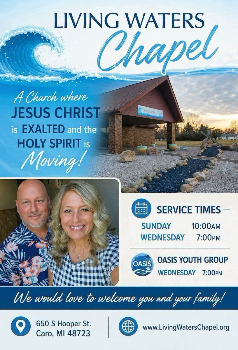 revivalpreacher's tweet photo. Join us at Living Waters Chapel in Caro every Sunday at 10:00am for our weekly Revival Experience service, and every Wednesday evening at 7:00pm for our Deeper Waters Bible Study.  The Oasis Youth Group (7th-12th grade) meets on Wednesday evening from 7:00pm-9:00pm. https://t.co/rd1ERUCzVc