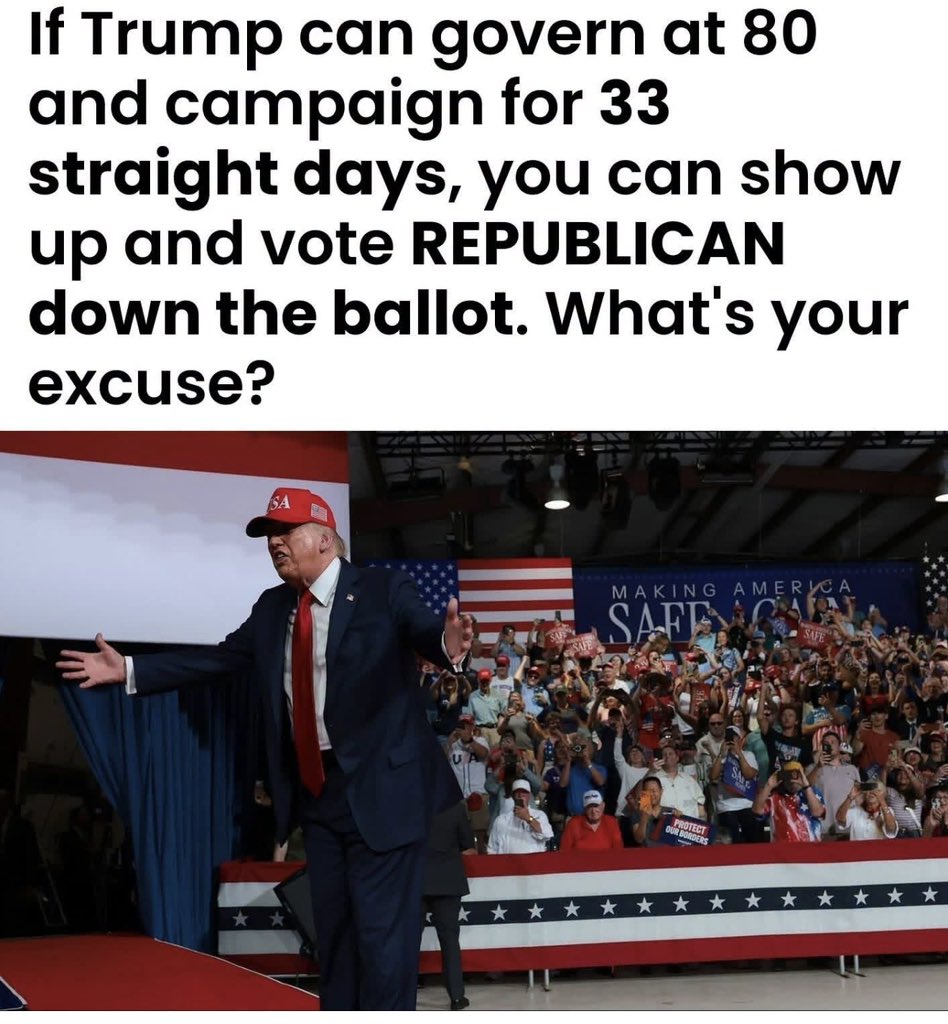 itsrosesm's tweet photo. Nobody is asking you to match that schedule. But cheering from the couch is no substitute for casting a ballot. Will you show up and vote Republican down the ballot? https://t.co/IInSNZuAW2