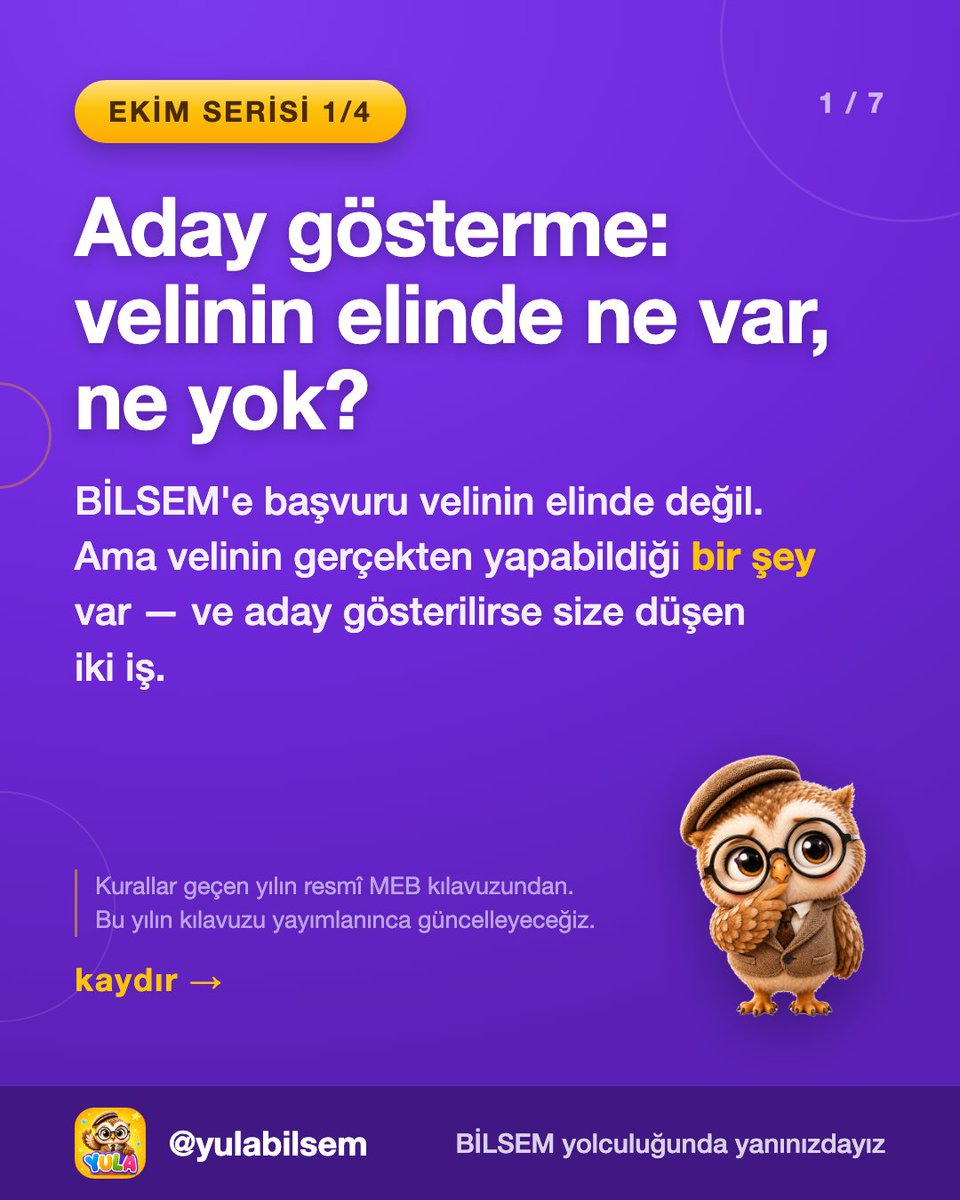 yulabilsem's tweet photo. Aday gösterme: Velinin elinde ne var, ne yok? 🦉
Ekim geldi, en sık sorulan şu: "BİLSEM için ne yapabilirim?"
Dürüst cevap: Başvuru sizin elinizde değil. Çocuğu sınıf öğretmeni önerir, komisyon karar verir. Ama yapabileceğin en iyi şey: Öğretmene evde gördüklerini anlatmak! https://t.co/tfAWEV0Hdc
