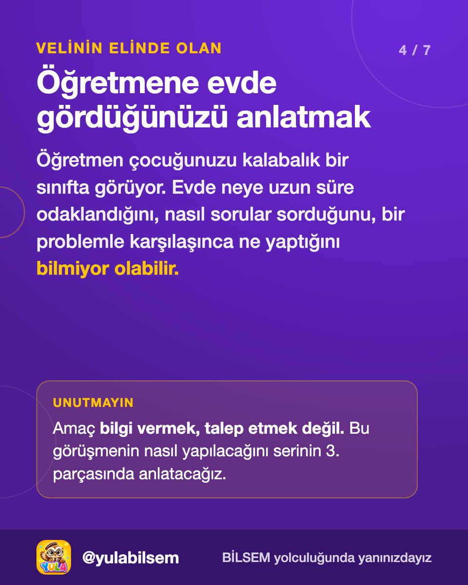 yulabilsem's tweet photo. Aday gösterme: Velinin elinde ne var, ne yok? 🦉
Ekim geldi, en sık sorulan şu: "BİLSEM için ne yapabilirim?"
Dürüst cevap: Başvuru sizin elinizde değil. Çocuğu sınıf öğretmeni önerir, komisyon karar verir. Ama yapabileceğin en iyi şey: Öğretmene evde gördüklerini anlatmak! https://t.co/tfAWEV0Hdc