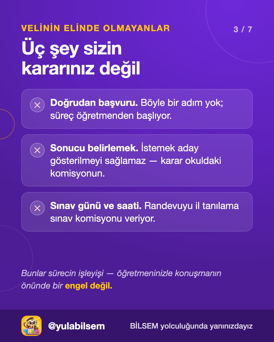 yulabilsem's tweet photo. Aday gösterme: Velinin elinde ne var, ne yok? 🦉
Ekim geldi, en sık sorulan şu: "BİLSEM için ne yapabilirim?"
Dürüst cevap: Başvuru sizin elinizde değil. Çocuğu sınıf öğretmeni önerir, komisyon karar verir. Ama yapabileceğin en iyi şey: Öğretmene evde gördüklerini anlatmak! https://t.co/tfAWEV0Hdc