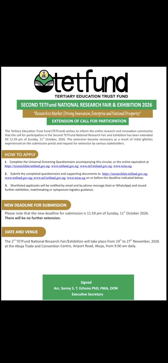 TETFundNg's tweet photo. SECOND TETFund NATIONAL RESEARCH FAIR &amp;EXHIBITION 2026: EXTENSION OF CALL FOR PARTICIPATION 

#fypシ゚viralシfypシ゚  #tetfund #research https://t.co/TnZrgy07gd