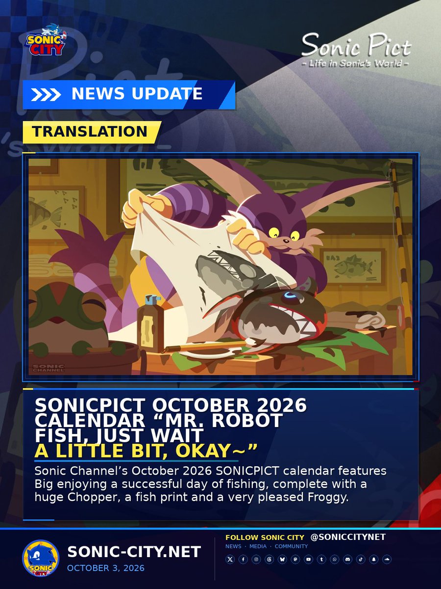 soniccitynet's tweet photo. ICYMI: 🎣 Big is enjoying the fishing life in October’s SONICPICT!

After landing a huge Chopper, he settles into one of his favorite fishing lodges to make a fish print, with Froggy just as pleased with the catch.

Full translation and illustration in the replies!

#SonicNews https://t.co/yU3ghtg6W1