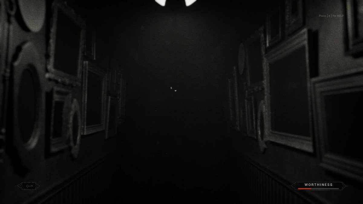 A dark, eerie screenshot from a video game showing a hallway lined with empty frames, with UI elements including 'Press [K] for HELP' and a 'WORTHINESS' meter in the bottom right.