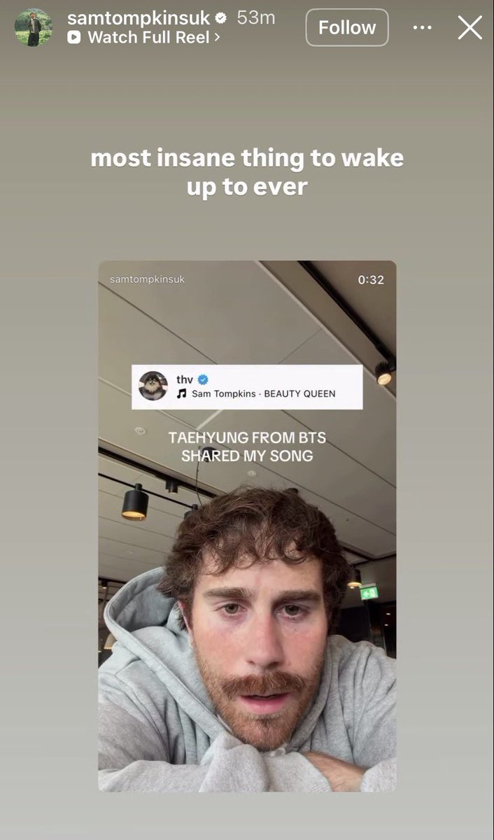 VonTidal's tweet photo. British R&B/Pop singer, Sam Tompkins posted a reel expressing his happiness and gratitude for using his song ‘Beauty Queen” on his latest Celine post.

Caption on reel: “TAEHYUNG FROM BTS
SHARED MY SONG”

Post Caption: “WHAT IS HAPPENING RIGHT NOW?! THANK YOU @thv !!!😭♥️
THIS IS SO HUGE!!! SO GRATEFUL :)”

IG story 1 caption: “wow this is so cool. thank you so much @thv for sharing my song ♥️”

IG story 2 caption: “most insane thing to wake up to ever”

🔗 https://t.co/JslqEdIOop