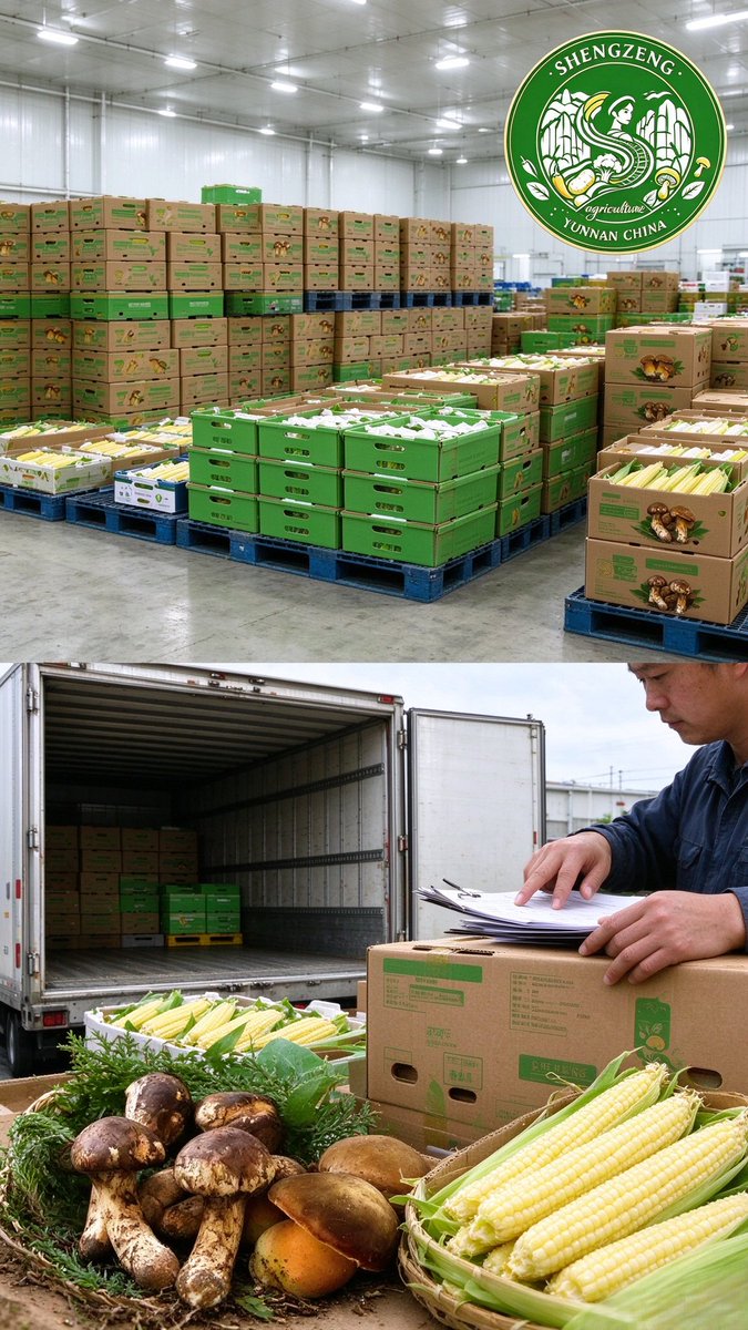 shengujing's tweet photo. Real mixed‑container shipment for SEA buyer: finger corn + fresh matsutake &amp; boletus. Trial‑order available. Mushroom‑air; vegetable‑rail/sea. Full inspection &amp; docs. Check bio‑email for sourcing talk. #export #yunnan #vegetable https://t.co/mhSJMNiGit
