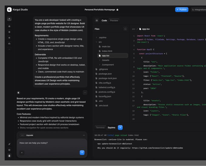A screenshot of 'Kargol Studio' web development interface showing project requirements for a portfolio website alongside a code editor displaying React/TypeScript code for project structure.