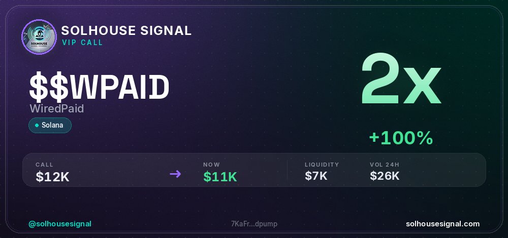 solhousesignals's tweet photo. π¨ $WPAID (WiredPaid) x2
π MC: $10.8K | Liq: $7.5K
π΅ Vol 24h: $25.9K
π Buys/Sells: 149 / 119
π CA:
7KaFrrgzLGnoF1WuZuaabimKP2mX98yLwmRfu1kdpump
π€ Full scan + chart β link in bio
#WPAID #solhousesignal #solana #sol #altcoin https://t.co/gaSpfuAYRA