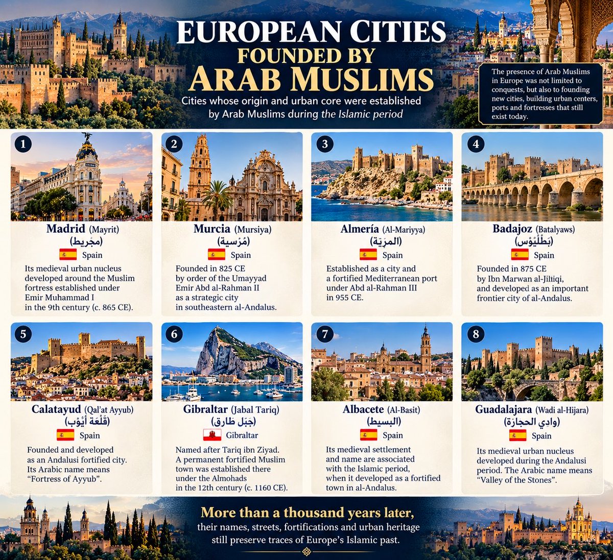 Eisaa990's tweet photo. @futureexpatCAN @ArdanXXII @grok هل تعلم أن مدريد ومرسية وألمرية وبطليوس مدن ارتبطت نشأته�� بالعرب والمسلمين؟

وأن آثار الحضارة العريية الإسلامية ما زالت حاضرة في مدن إسبانية وبرتغالية وإيطالية حتى اليوم؟

لا تعلم؟ لا بأس .. لكن قبل أن تسخر من حضارةٍ أخرى، اقرأ تاريخ حضارتك أولًا 😄 https://t.co/3efskSbSN5