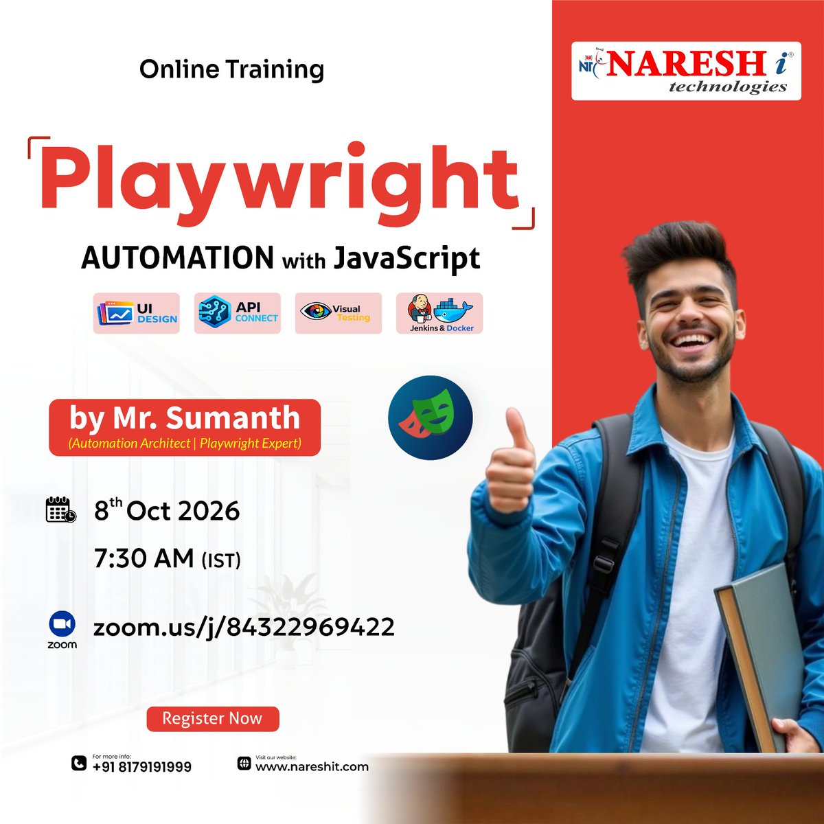 nareshitech's tweet photo. 🚀 Learn AI-Powered Playwright Automation with JavaScript
👉 Register Now: https://t.co/2mrWpWuXIh
👨🏫 Trainer: Mr. Sumanth
📅 Date: 8th October 2026
⏰ Time: 7:30 AM (IST)
#Playwright #AutomationTesting #JavaScript #SoftwareTesting #QAAutomation #Jenkins https://t.co/o2F6RWMQ2D
