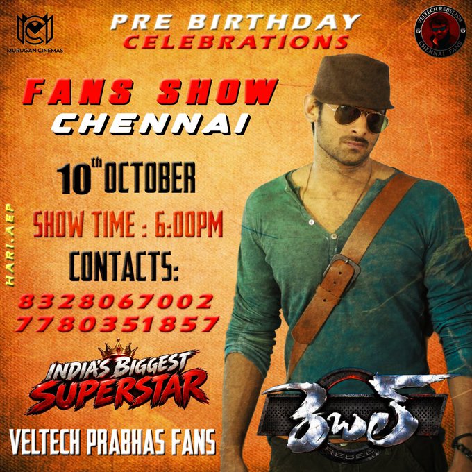 SShanthReddy's tweet photo. #Prabhas Pre-Birthday Celebrations  in chennai 💥🔥

📅 Date: October 10th 
🎬 Movie: REBEL 4K 
📍 Venue: Murugan Cinemas

🔥 Let's make it a memorable show, Rebels! ❤️‍🔥

#PrabhasBirthdayMonth #RebelWood https://t.co/Cc1r6mMuc5