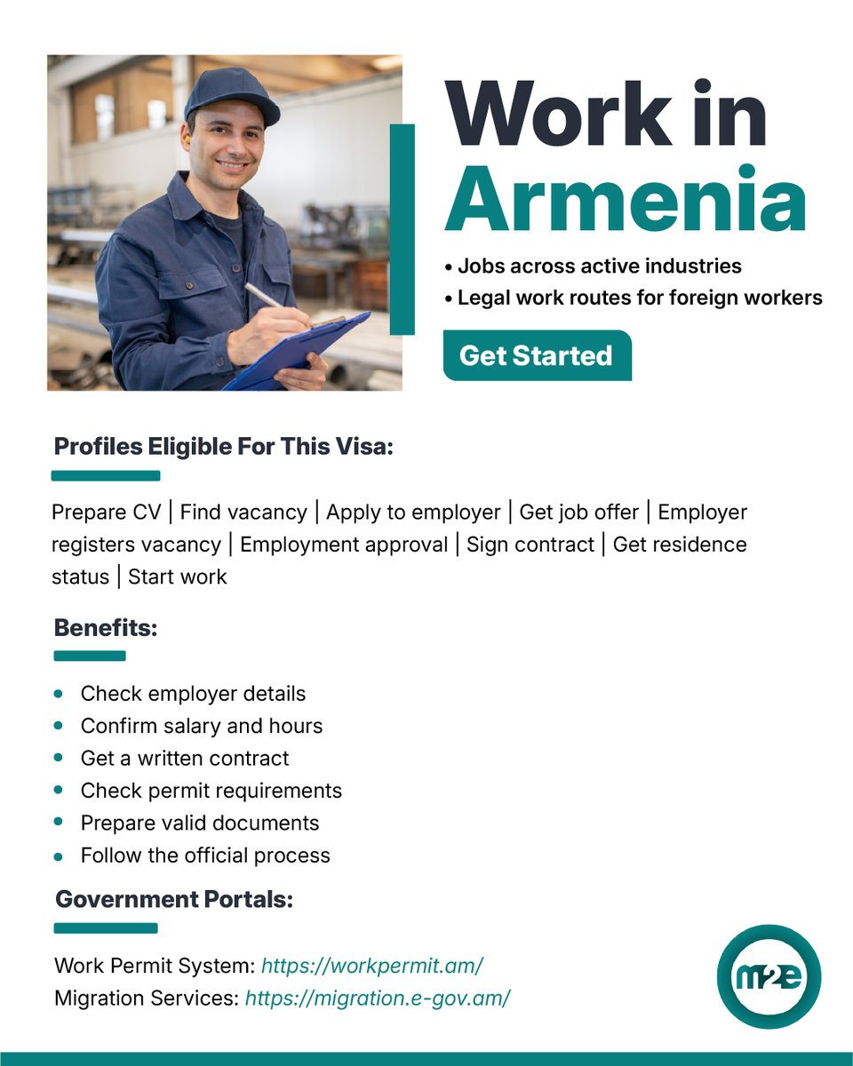 Moving2Europe's tweet photo. 🇦🇲 Work in Armenia
Armenia offers opportunities across technology, manufacturing, construction, agriculture, and services.
Foreign workers should follow the applicable employment and residence process.
Explore more:
https://t.co/iAKcsUTYPB
#ArmeniaJobs #WorkInArmenia https://t.co/9H29tlgfmE