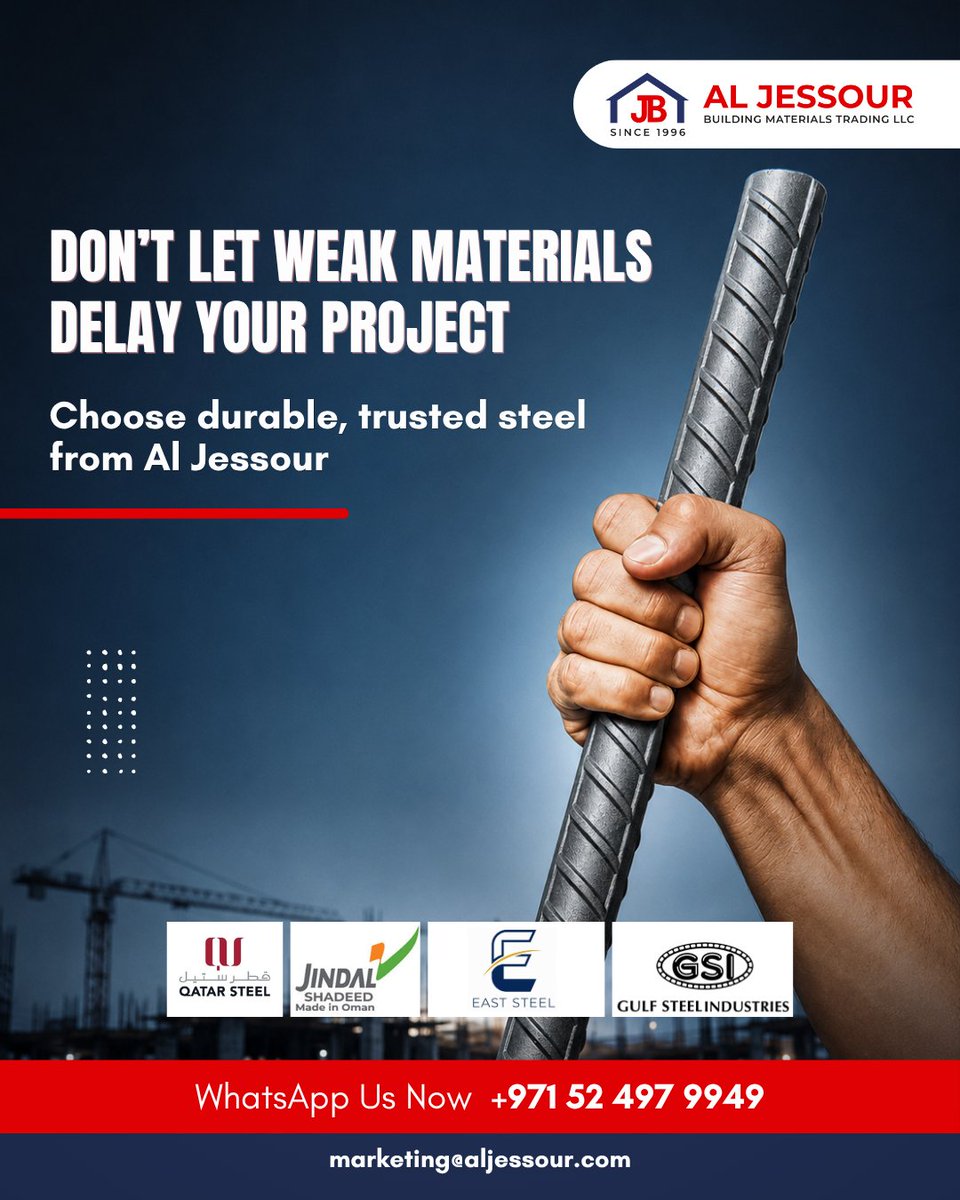 al_jessour_bmt's tweet photo. Strong steel deserves strong sourcing. 🏗️
At Al Jessour, we provide steel solutions from established manufacturers to support projects that demand dependable materials and performance.
Choose the right steel. Build with confidence.
#AlJessour #Steel #SteelSolutions #BuildingMaterials #ConstructionMaterials #QatarSteel #JindalShadeed #EastSteel #GulfSteelIndustries #UAEConstruction #ConstructionIndustry