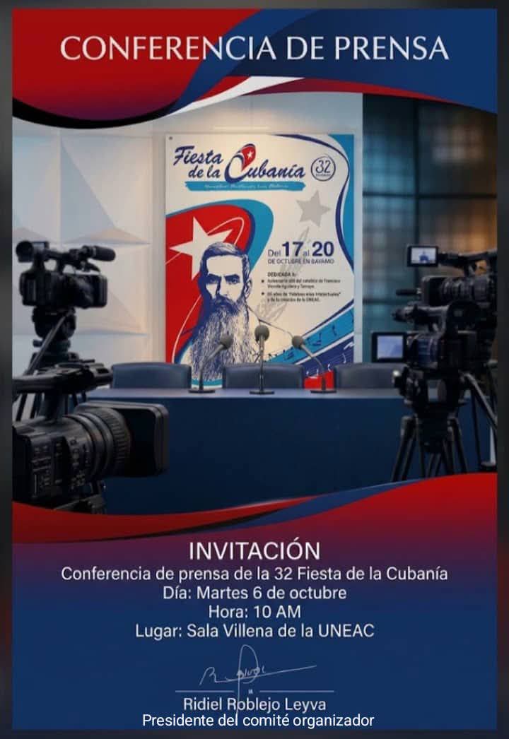 UNEAC_online's tweet photo. 📣Les esperamos el próximo martes 6 de octubre, a las 10:00 a.m., en la Sala Villena de la sede nacional de la Unión de Escritores y Artistas de Cuba - UNEAC para la conferencia de prensa sobre la "Fiesta de la cubanía." 

#ArteFiel #CubaEsCultura #Bayamo #65Uneac https://t.co/ZNuYzoUxUH