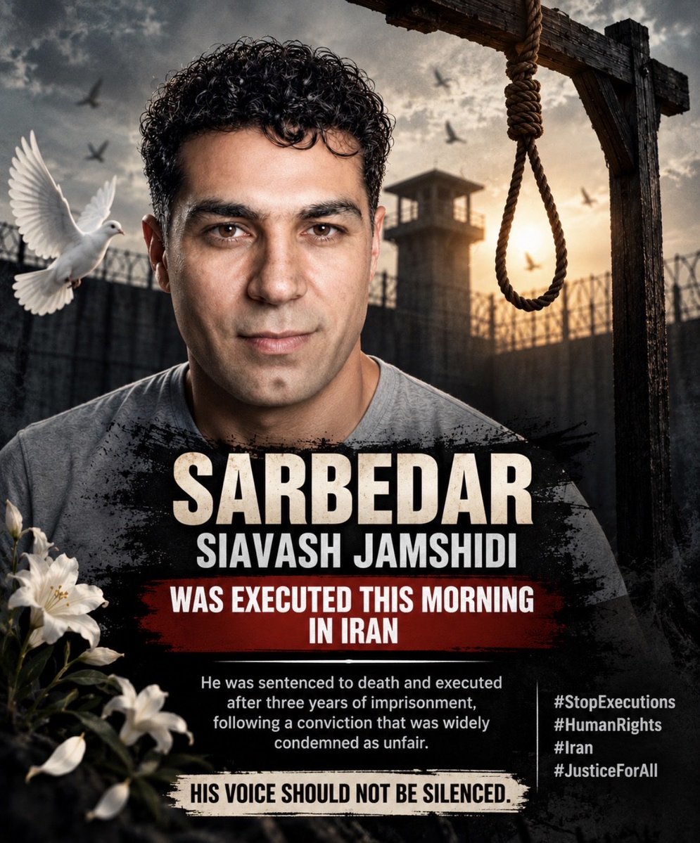 ARoohi99291's tweet photo. Siavash Jamshidi was executed this morning in Iran.
Behind every execution is a human life, a family, and a story that must not disappear into silence.
Remember his name. Keep the world watching.

#StopExecutions #Iran #HumanRights
#KingRezaPahlavi‌ https://t.co/xlpKh1G6Al