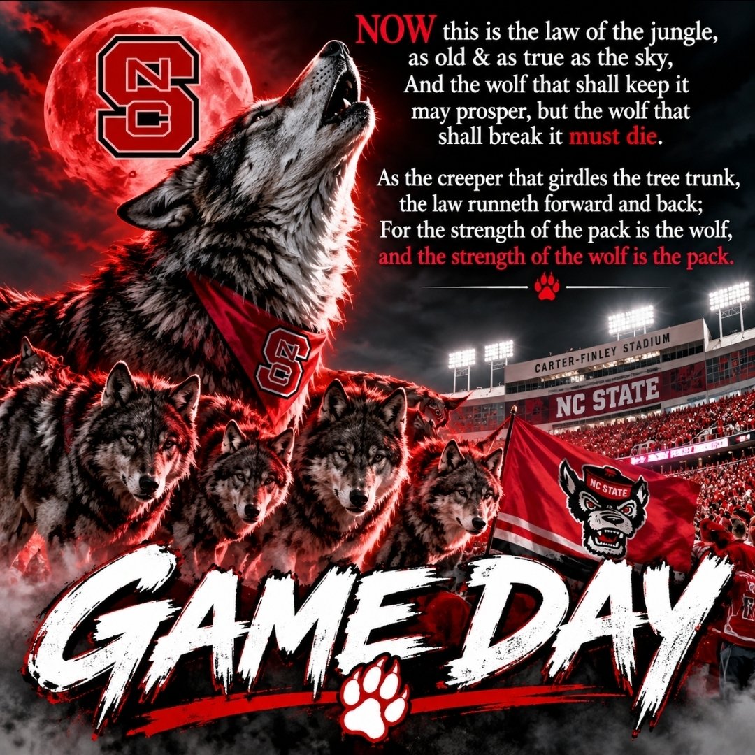 WufFinancial's tweet photo. Now this is the Law of the Jungle as old, as true as the sky; the Wolf that shall keep it prospers, the Wolf that shall break it dies. For the strength of the Pack is the Wolf, the strength of the Wolf is the Pack. WOLFPACK IN DA HOUSE!!! #ncsu #wolfpack #ncstatefootball #ncstate https://t.co/gNiMTiC507