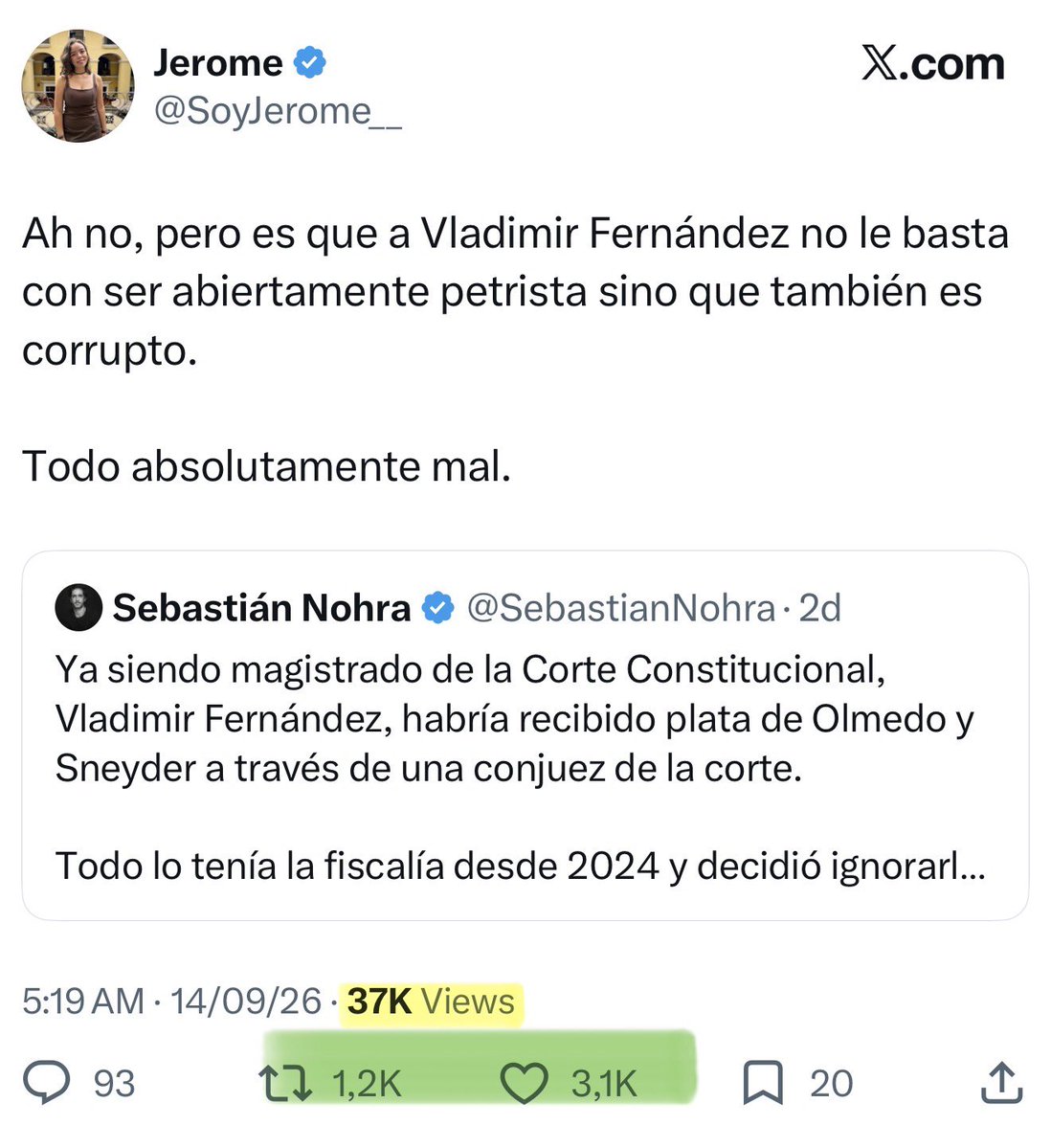 CarlosCarrilloA's tweet photo. El patrón de falsedad es evidente en las publicaciones de @Danielbricen y su cuadrilla de agitadores: @SoyJerome__, @mateoamayaq, @AyalaCarlOzarco, @paboneada, @cdmaldonadoo1, @IglesiasJulio87, entre otros. 

X es una de las plataformas con menor “engagement”. Millones de personas tienen una cuenta en esta red pero jamás la usan, en Colombia apenas el 2% de la población la utiliza y por supuesto no todos son usuarios activos que comparten publicaciones o dan “me gusta”. Si bien, dependiendo del tema o del tamaño de la cuenta, ese “engagement” puede aumentar, el promedio no supera el 0,1%. Un trino relativamente exitoso tiene 1% de “me gusta” sobre el número total de visualizaciones. Las simplonas publicaciones de Briceño, Jerome y compañía generalmente alcanzan entre el 10 y el 15 %, son métricas imposibles en una sociedad muy polarizada en dónde el fascismo ascendió por menos del 1% de los votos.