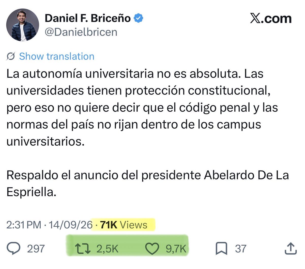 CarlosCarrilloA's tweet photo. El patrón de falsedad es evidente en las publicaciones de @Danielbricen y su cuadrilla de agitadores: @SoyJerome__, @mateoamayaq, @AyalaCarlOzarco, @paboneada, @cdmaldonadoo1, @IglesiasJulio87, entre otros. 

X es una de las plataformas con menor “engagement”. Millones de personas tienen una cuenta en esta red pero jamás la usan, en Colombia apenas el 2% de la población la utiliza y por supuesto no todos son usuarios activos que comparten publicaciones o dan “me gusta”. Si bien, dependiendo del tema o del tamaño de la cuenta, ese “engagement” puede aumentar, el promedio no supera el 0,1%. Un trino relativamente exitoso tiene 1% de “me gusta” sobre el número total de visualizaciones. Las simplonas publicaciones de Briceño, Jerome y compañía generalmente alcanzan entre el 10 y el 15 %, son métricas imposibles en una sociedad muy polarizada en dónde el fascismo ascendió por menos del 1% de los votos.