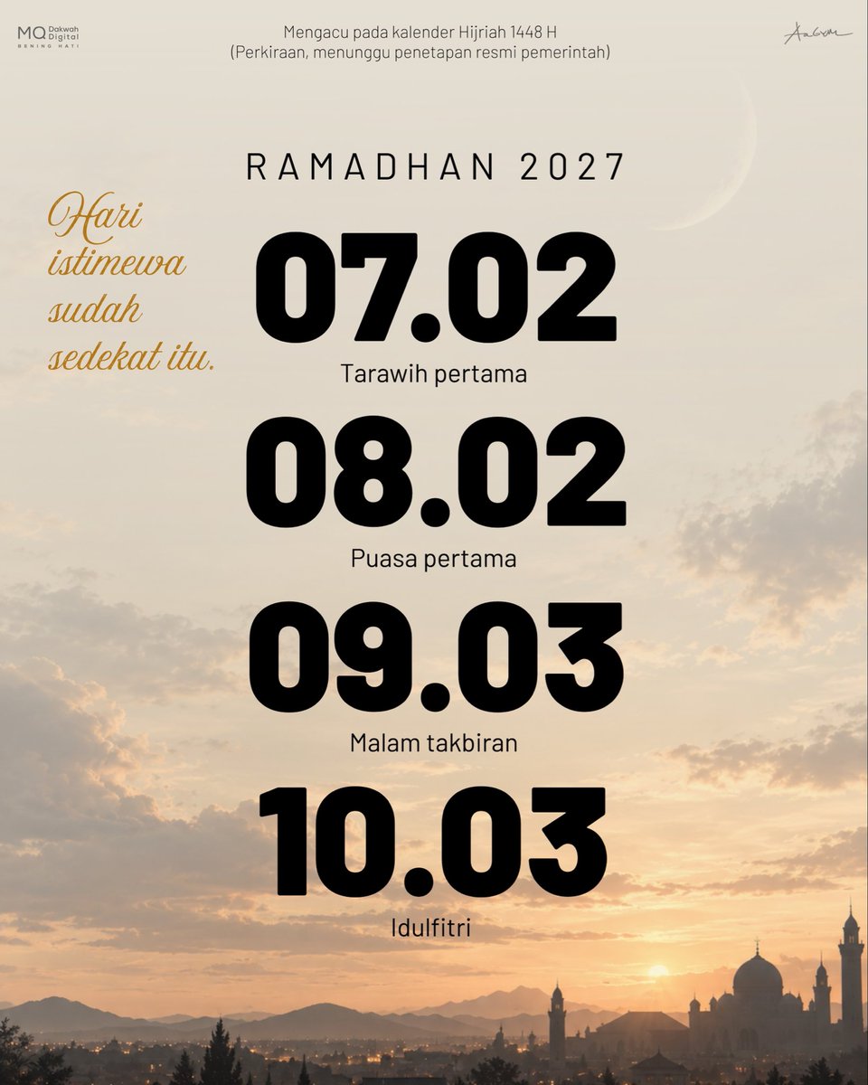 aagym's tweet photo. Hari istimewa semakin dekat...

Rasulullah ﷺ bersabda:
“Apabila Ramadhan telah datang, pintu-pintu surga dibuka, pintu-pintu neraka ditutup, dan setan-setan dibelenggu.” (HR. Bukhari dan Muslim)

InsyaAlloh, mengacu pada kalender Hijriah 1448 H dan menunggu penetapan resmi pemerintah:

🕌 Tarawih pertama: 7 Februari 2027
🌙 Puasa pertama: 8 Februari 2027
✨ Malam takbiran: 9 Maret 2027
📌Idulfitri: 10 Maret 2027

Semoga Alloh mempertemukan kita kembali dengan Ramadhan dalam keadaan sehat, diberi umur yang penuh keberkahan, serta dimudahkan untuk memperbanyak ibadah dan amal kebaikan.

📌Save & share sebagai pengingat untuk menyambut Ramadhan bersama. 

__admin

#Ramadhan2027 #Ramadhan1448H #MenujuRamadhan #BulanRamadhan #PersiapanRamadhan #MengingatAlloh